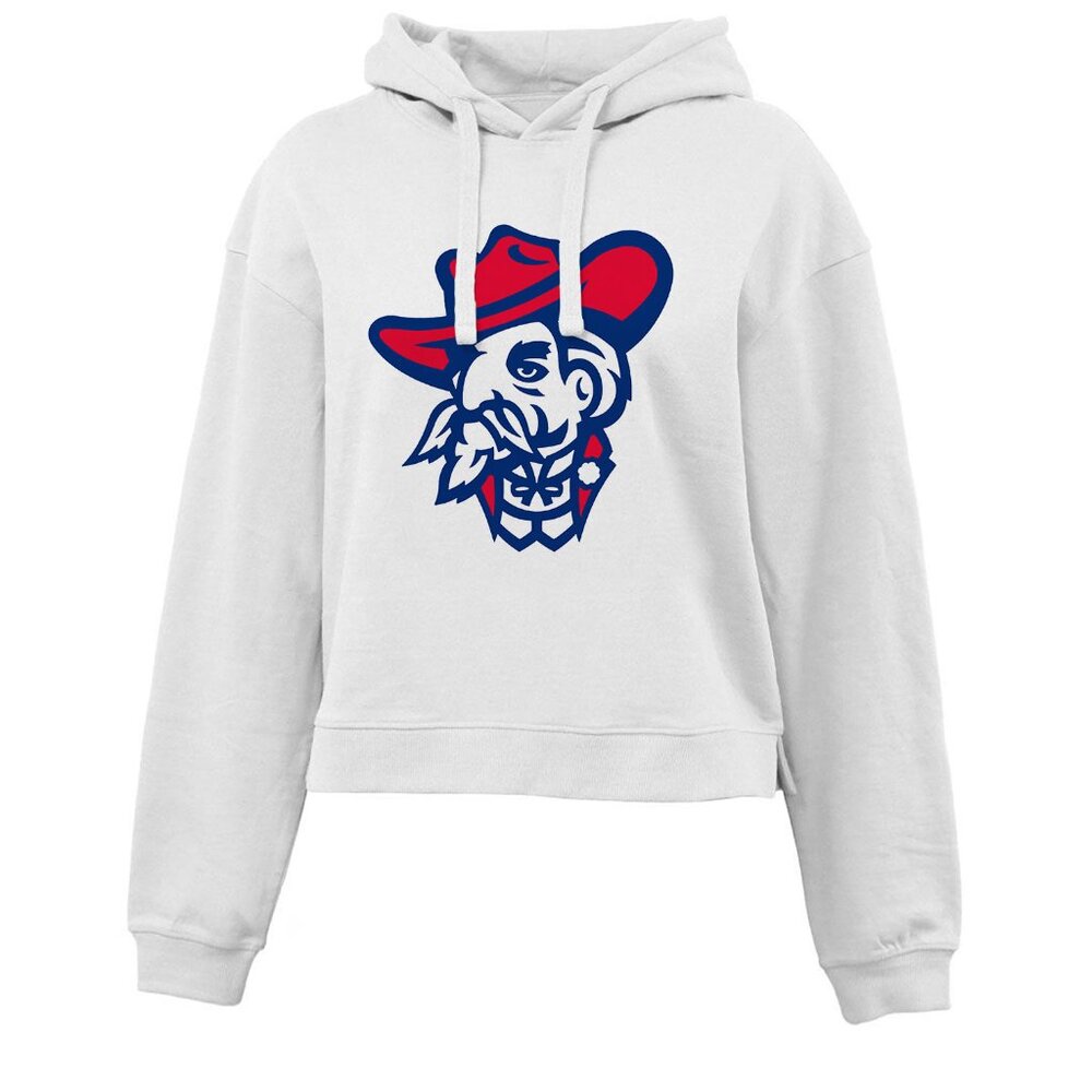 White Women's Hoodie with Red & Navy Mascot Graphic